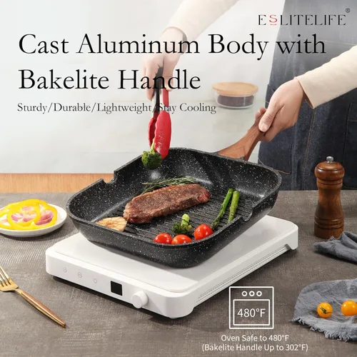 Miniatura 5 de Eslite Life Parrilla antiadherente de 9.5 pulgadas para cocina interior, sartén cuadrada grande versátil compatible con inducción para cocinar a