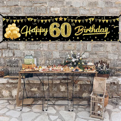 Miniatura 7 de Cartel de feliz cumpleaños 60 para hombres y mujeres, letrero de cumpleaños número 60 negro y dorado, suministros de fiesta para patio, divertida