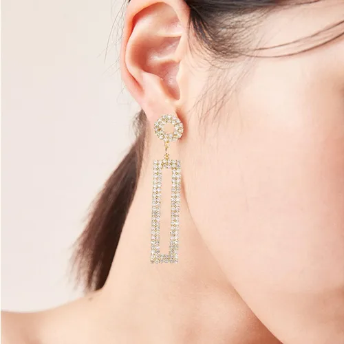 Miniatura 2 de Pendientes largos de diamantes de imitación, rectángulo con tachuelas circulares, joyería de moda