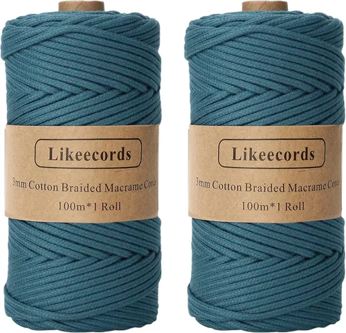 Miniatura 41 de Cordón de Algodón Trenzado 3mm x 109 yardas - Cuerda de Macramé Colorida para Manualidades, Ganchos, Colgantes de Pared - 100% Algodón Natural