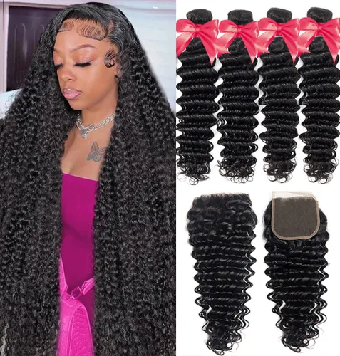 Miniatura 35 de Paquetes de Cabello Humano de Ondas Profundas （12 14 16 ）12A 100% Sin Procesar Cabello Humano Virgen Brasileño Profundo Rizado Tejido de Cabello