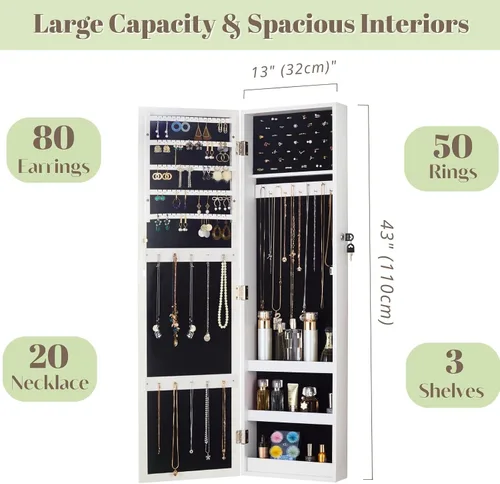 Miniatura 2 de YOKUKINA Armario con espejo de joyería, montaje en paredsobre la puerta, organizador de joyas con espejo de longitud completa, almacenamiento
