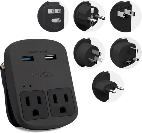 Miniatura 2 de Kit de adaptador de viaje mundial Ceptics - QC 3.0 USB dual + tomas duales EE. UU., protección contra sobretensiones, perfecto para Europa, Reino