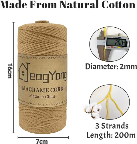 Miniatura 2 de JeogYong Cuerda de macramé de 0.078 pulgadas x 218 yardas, cuerda de algodón natural torcida de 3 hebras, cuerda de algodón de color para colgar Café