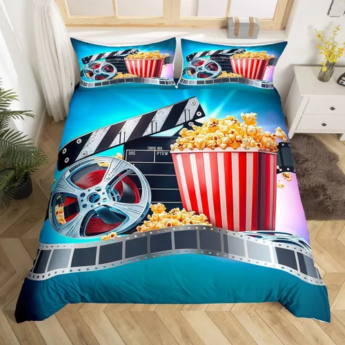 Erosebridal Juego de ropa de cama de cine vintage con palomitas de maíz para niños y niñas, funda de edredón vintage con temática de película de