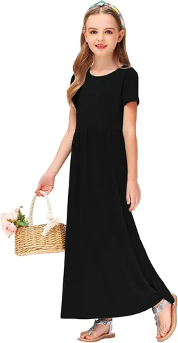 Miniatura 6 de Deerose Vestido largo casual de manga corta para niñas, con bolsillos, de 5 a 14 años