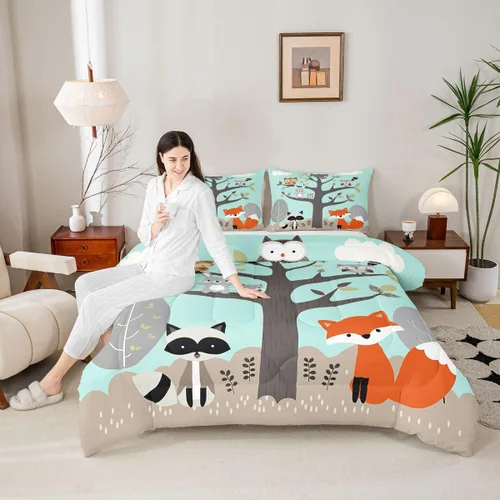 Miniatura 5 de Juego de ropa de cama de animales lindos para niños y niñas, guardería, caricaturas, mapache, búho, zorro, juego de edredón para todas