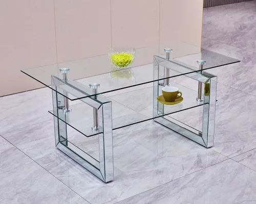 Miniatura 6 de Mesa de café moderna de vidrio para sala de estar, oficina, mesa de centro rectangular de 2 niveles de 39.4 pulgadas con patas espejadas, mesa