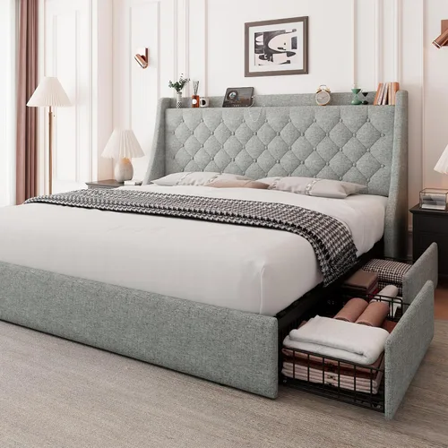 Miniatura 10 de Feonase Marco de cama tapizado de tamaño completo con 4 cajones de almacenamiento, cabecera de almacenamiento grande tipo wingback, no necesita Negro