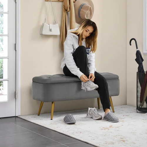 Miniatura 4 de Yaheetech Otomana con almacenamiento, banco de entrada de terciopelo con bisagra de seguridad, banco tapizado con asiento para dormitorio, sala