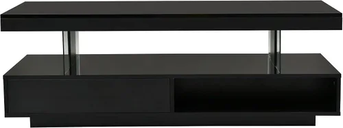 Miniatura 4 de JIJIWANG Mesa de centro moderna LED para sala de estar, mesa central de madera de alto brillo de 2 niveles con 2 cajones y estantes de exhibición