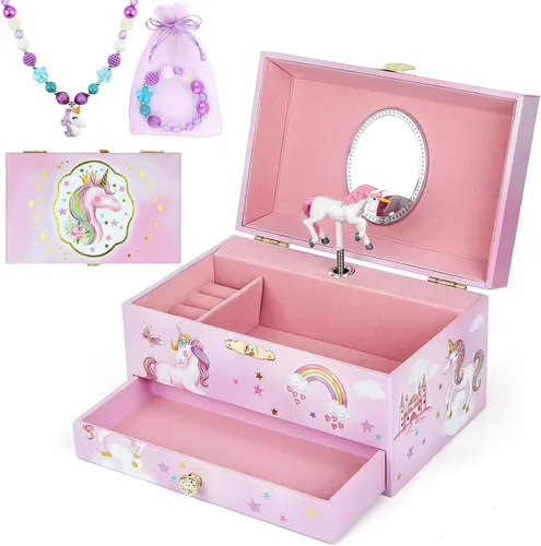 Miniatura 9 de Caja de joyería musical con cajón, estuche de almacenamiento de joyería musical con bailarina giratoria, juego de regalo para niñas, niños, hijas