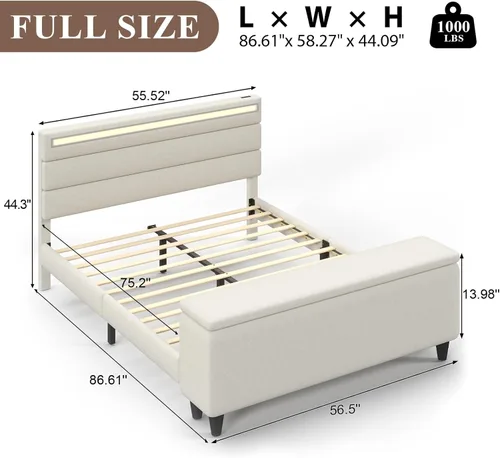 Miniatura 2 de E-Motie Marco de cama tamaño matrimonial con cabecero, cama tapizada con plataforma y otomano con almacenamiento, luces LED y estación de carga