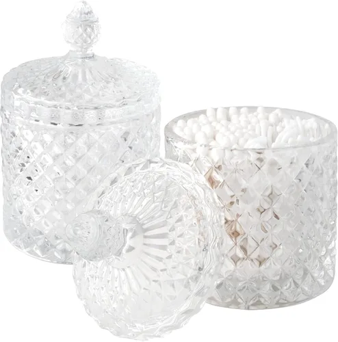 Miniatura 17 de Paquete de 2 Portacotonetes Frascos de Boticario de Vidrio Grueso con Tapa para Decoración de Baño Organizador de Almacenamiento para Hisopos