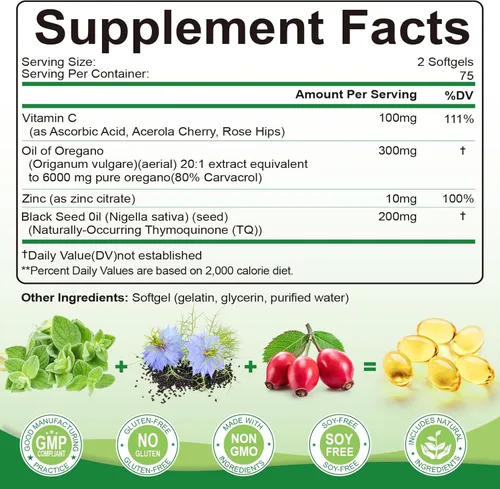 Miniatura 2 de Aceite de orégano con aceite de semilla negra, cápsulas de aceite de orégano de 6000 mg para apoyo inmunológico con alto contenido de carvacrol