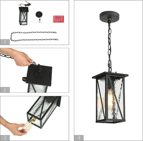 Miniatura 7 de Lámpara colgante para exteriores, luces colgantes exteriores de granja con vidrio ondulado de agua, luz rectangular de techo negro para puerta