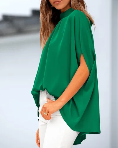Miniatura 92 de BTFBM Blusas de verano para mujer, cuello alto falso, manga murciélago, holgadas, dobladillo alto y bajo, blusas informales de gran