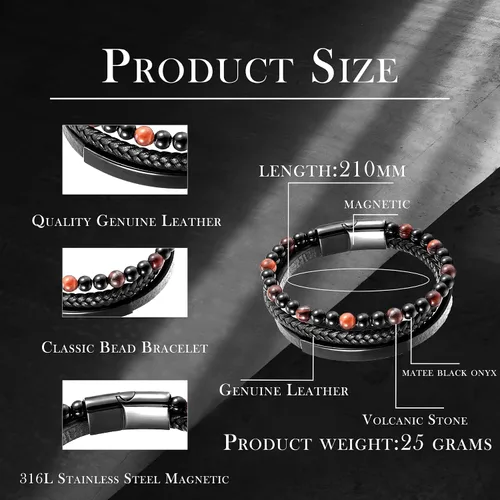 Miniatura 6 de Pulsera de cuentas de piedra volcánica de piedra volcánica de ónix negro y ojo de tigre mate para hombre, pulsera de cuero trenzado negro para hombre