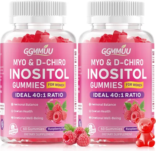 Paquete de 2 gomitas de mio-inositol y D-Chiro inositol para mujeres de 2000 mg + 50 mg de proporción ideal 40:1 con vitamina D3, glicinato de