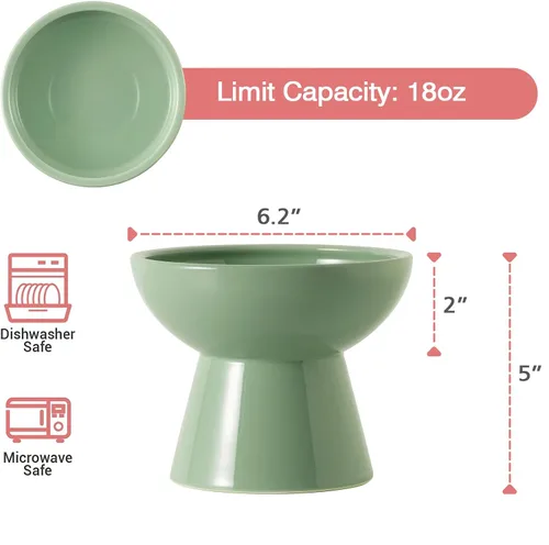 Miniatura 2 de CEEFU Cuenco de agua elevado extra ancho de cerámica para gatos, plato más profundo de 6.2 pulgadas para aliviar la fatiga de los bigotes, 5 Verde