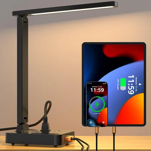 COZOO Lámpara de escritorio LED con 3 puertos de carga USB, 2 tomas de corriente CA, 3 modos de color y 3 niveles de brillo, función