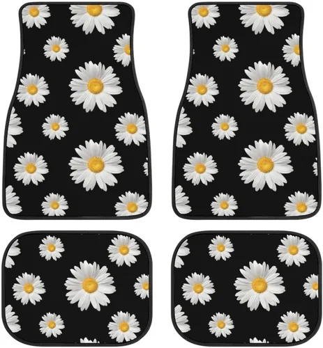 Juego de 4 alfombrillas para piso de automóvil, diseño de flores con estampado de margaritas negras, alfombrillas delanteras y traseras del