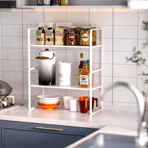 Miniatura 4 de Paquete de 2 organizadores de estantes de gabinete de cocina expandibles, estantes de almacenamiento de despensa de metal apilables, estante Blanco