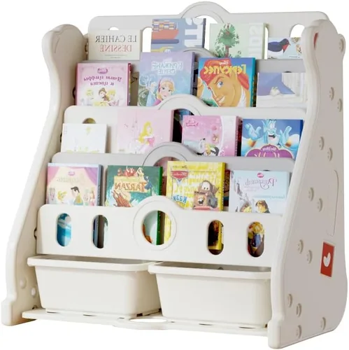 Estantería infantil y almacenamiento de juguetes para niños pequeños, estantería blanca de 4 niveles para dormitorio/guardería/aula, estantería de