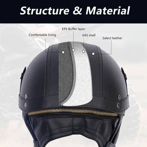 Miniatura 4 de Casco de motocicleta de cuero de estilo alemán, aprobado por DOT, casco vintage de media cara con gafas y visera oculta, media carcasa