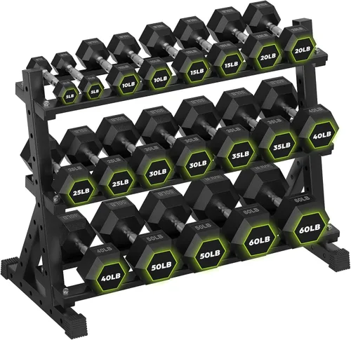 Miniatura 15 de HANDBODE Soporte para mancuernas de 3 niveles, estante de almacenamiento de capacidad de 1000 libras, estante de pesas para mancuernas, pesas rusas