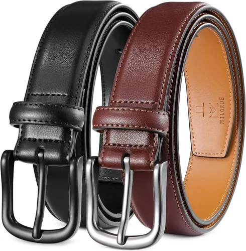 Miniatura 11 de MILORDE Cinturón de vestir de cuero para hombre, 2 unidades, hecho a mano, cuero genuino, diseños clásicos y modernos para el trabajo, negocios