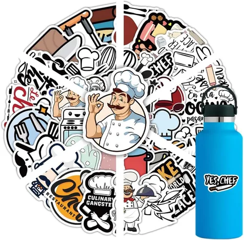 Miniatura 9 de Calcomanías de chef 54 calcomanías de vinilo impermeables para botellas de agua, tazas, computadora, teléfono celular, patineta, guitarra Peel