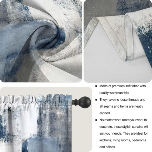 Miniatura 5 de Blue & Swag - Juego de 3 cortinas para ventana de cocina, cenefa de arte abstracto gris con bolsillo para barra para cocinas modernas
