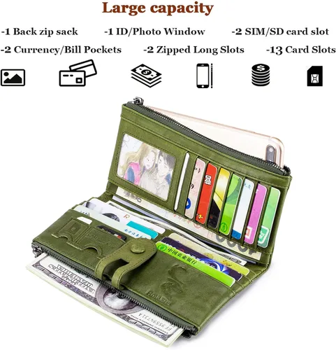 Miniatura 2 de Roulens Cartera para mujer de gran capacidad de cuero genuino plegable con bloqueo RFID tarjetero con bolsillo con cremallera