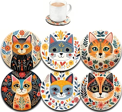 Juego de 6 posavasos de madera para bebidas, diseño de gato hecho a mano, grueso, resistente al calor, para cerveza, café, oficina, bar, decoración