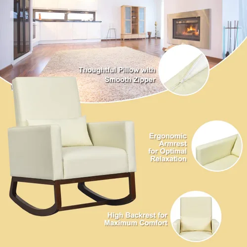 Miniatura 9 de Giantex Mecedora de tela con respaldo alto y almohada para la cintura, de madera, cónica y mecedora de dos patas, silla tapizada multifuncional
