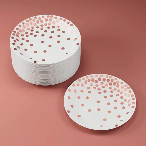 Miniatura 4 de DYLIVeS 80 platos de papel de oro blanco y rosa, de 7 pulgadas, con lunares metálicos, desechables, platos de fiesta de postre, suministros