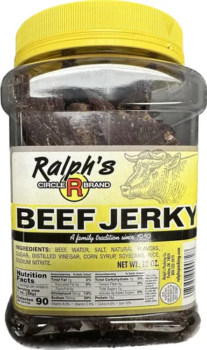 Ralph's Beef Jerky - Tarro de 12 onzas, seca fina y crujiente, cecina de res real, galardonada con el premio