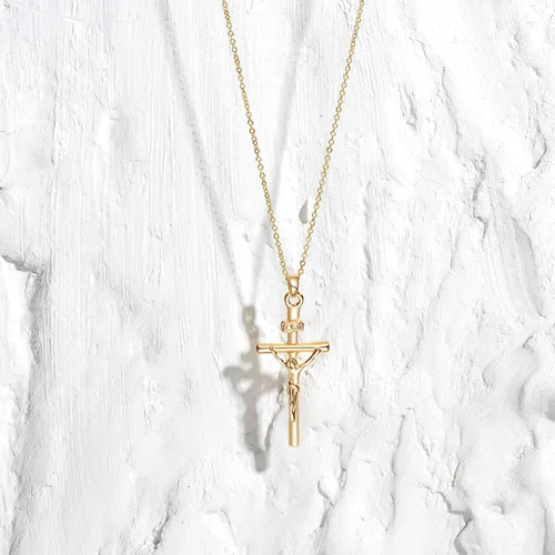 Miniatura 180 de Fettero - Collar con dije de cruz de fe, chapado en oro de 14 K, cadena fina, minimalista, simple, pequeña, para oración, regalo de joyería religiosa