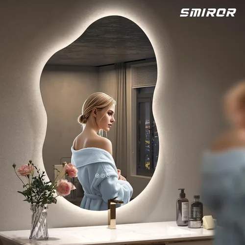Miniatura 2 de SMIROR Espejo de Baño Retroiluminado Irregular con Luces 20 x 32, Espejo de Tocador con Luz LED Asimétrica en Forma de Nube para Pared