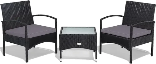 Miniatura 8 de HAPPYGRILL Juego de muebles de patio de 3 piezas con mesa de centro de cristal y cojines suaves para balcón, jardín, piscina