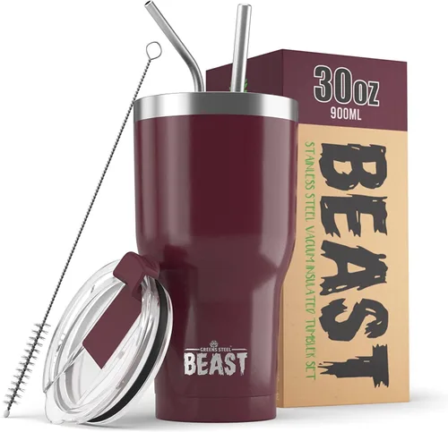 Beast Vaso Térmico de 30 oz de Acero Inoxidable con Aislamiento al Vacío para Café y Hielo de Doble Pared Termo de Viaje (Rojo Arándano)