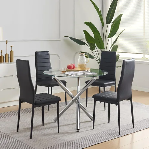 Juego de comedor redondo de cristal de 5 piezas, mesa de cocina redonda y sillas para 4, mesa de comedor de cristal con 4 sillas de piel sintética