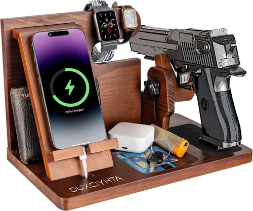 Organizador de pistola de madera para hombre, soporte para teléfono, cartera, estación de acoplamiento, reloj militar, soporte de noche, soporte