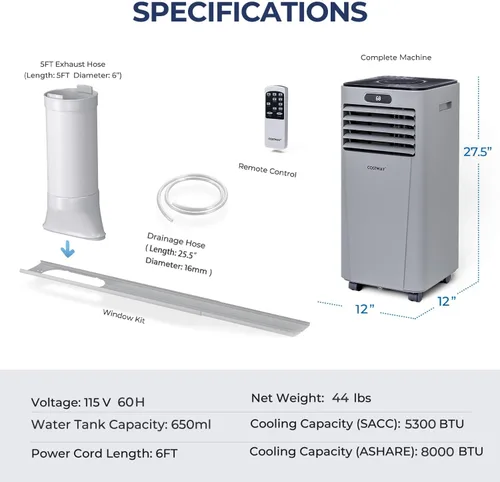 Miniatura 6 de COSTWAY - Aire acondicionado portátil, enfriador de aire de 8000 BTU con secado, ventilador, modo de suspensión, 2 velocidades, función de Gris