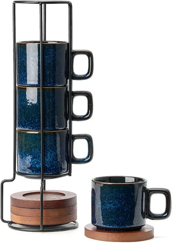 Miniatura 14 de LUKA Tazas de Porcelana Apilables a Cuadros Blancos y Negros para Espresso con Platillos y Soporte de Metal, Juego de Tazas Pequeñas de Cerámica