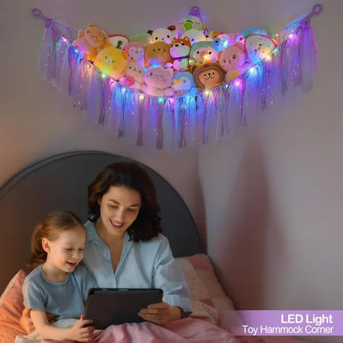 Miniatura 4 de FIOBEE Red de Animales de Peluche o Hamaca con Luz LED, Hamaca de Juguetes Colgante Organizador de Almacenamiento Soporte para Animales de Peluche