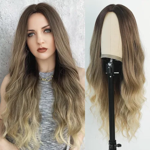 Miniatura 8 de Peluca larga negra ondulada para mujer, peluca sintética de color oscuro con flequillo, resistente al calor, de aspecto natural, sin pegamento