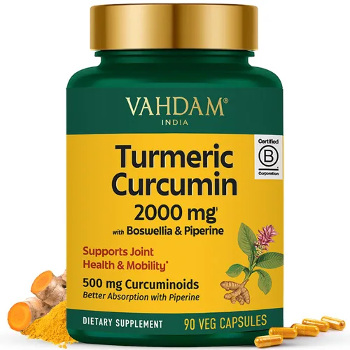 VAHDAM, Suplemento de curcumina de cúrcuma de 2000 mg (500 mg de curcuminoides) con boswellia y piperina para una rápida absorción | Apoya la salud