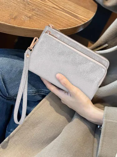 Miniatura 6 de GAYI URBAN Cartera de mano de cuero genuino con doble cremallera para mujer